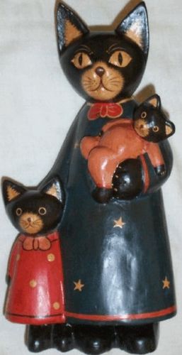 Katze - Mutter mit Kind und Baby - Handbemalt Jempinis Holz Handarbeit Holzfigur