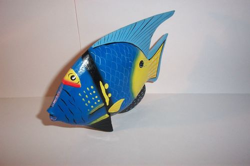 Schöner Holzfisch- Blau, Gelb, Schwarz- Stehender Fisch ca. 20cm Handarbeit Holzfigur