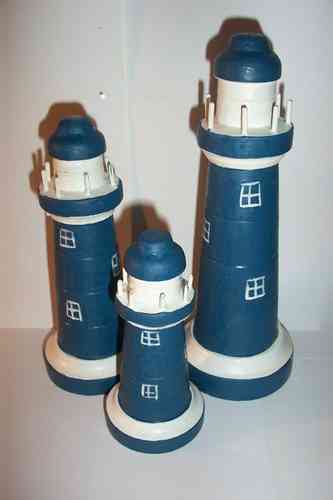 3 tgl. Leuchtturm Set Leuchttürme Deko Holz Maritim Handarbeit Blau Weiß Weiss Holzfigur