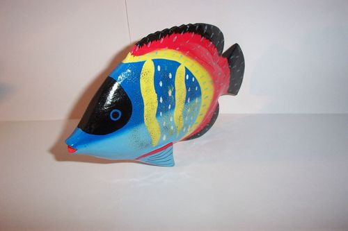Schöner Holzfisch- Blau, Gelb, Rot- Stehender Fisch ca. 20cm Handarbeit Holzfigur
