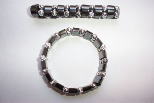 Damen Hämatit Armband -Anthrazit, Silber- Schmal- Halbrund- Metall Magnetarmband Edelstein Armreif