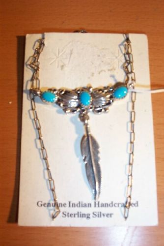Filigrane Halskette -Echt Sterling Silber- 3 Türkise Feder Indianer Schmuck Kette Necklace